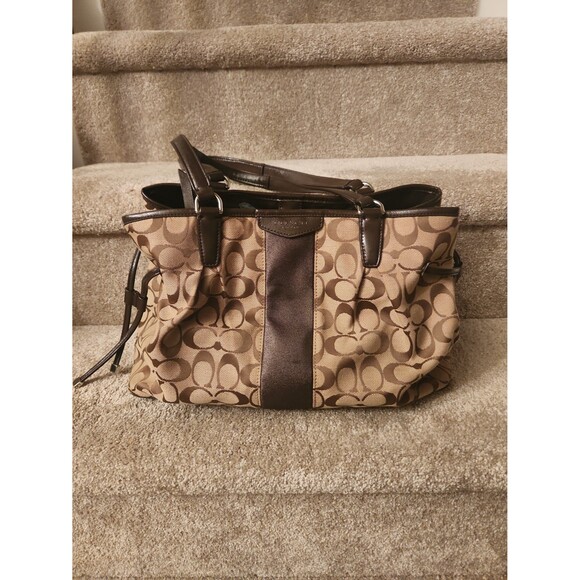 Coach Brown Jacquard Fabric Monogram Tote w/ Side Drawstrings & Leather Accents - Picture 1 of 11